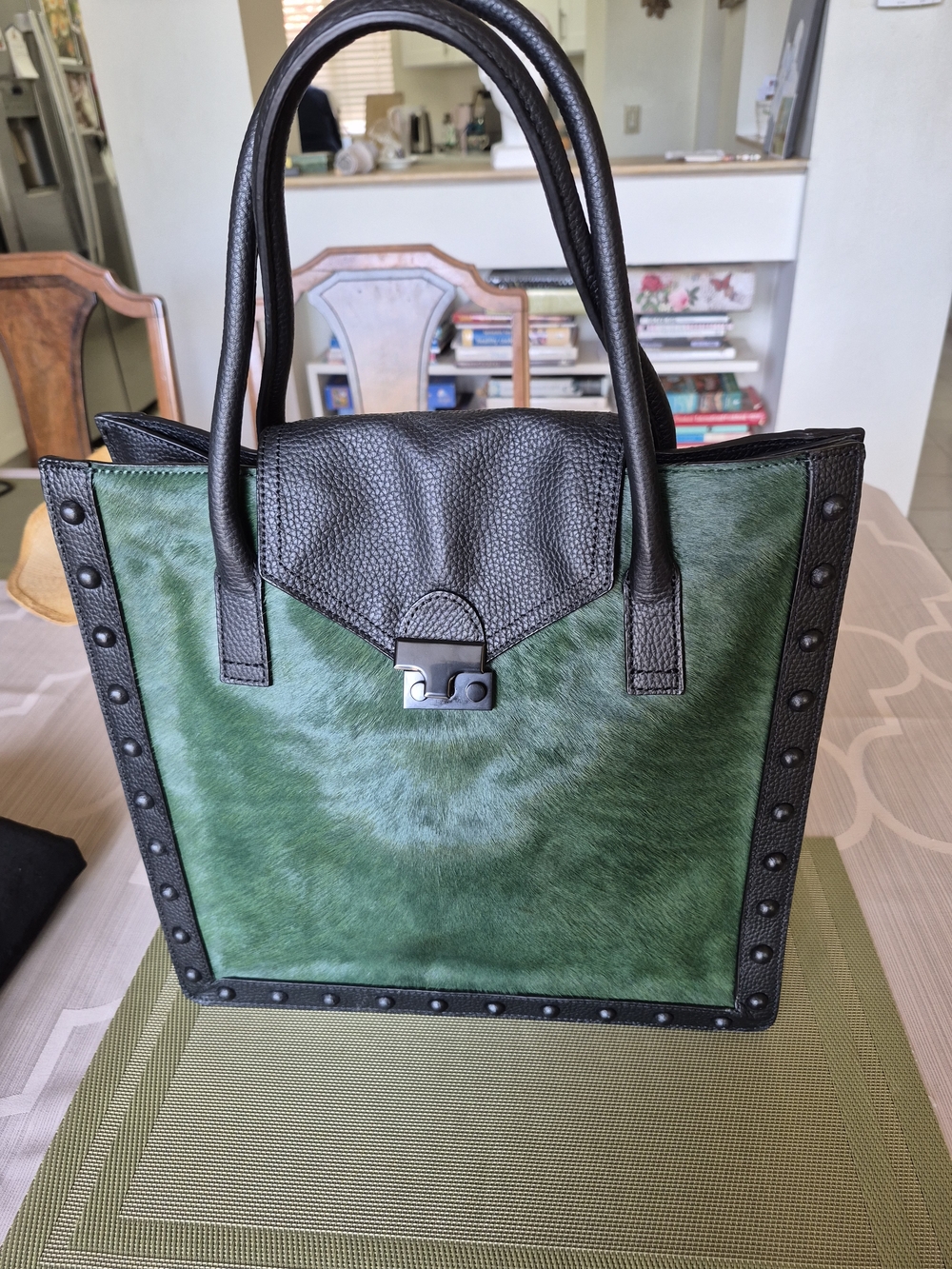 Loeffler Randall Green and Black Calf Skin Studded Tote